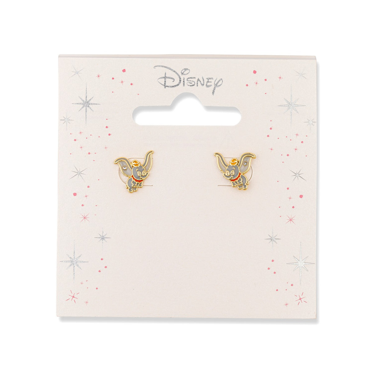 Disney-themed earrings on a branded card with decorative elements.