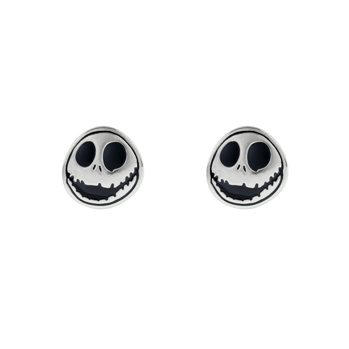 Pair of silver earrings with black eye design on a white background