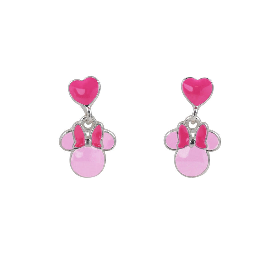 Silver Minnie Mouse Pink Enamel Fill Love Heart Drop Earrings ES00111SL.PH