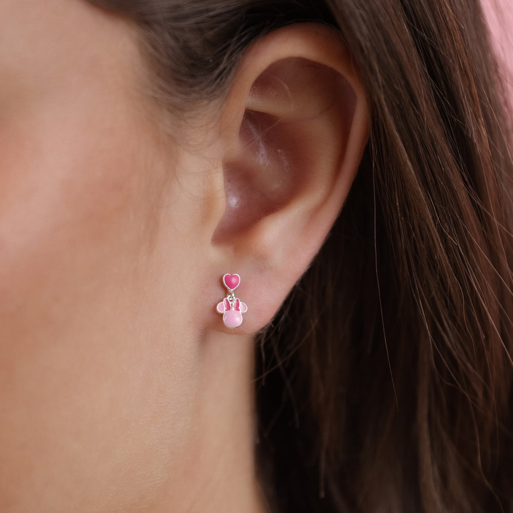 Silver Minnie Mouse Pink Enamel Fill Love Heart Drop Earrings ES00111SL.PH