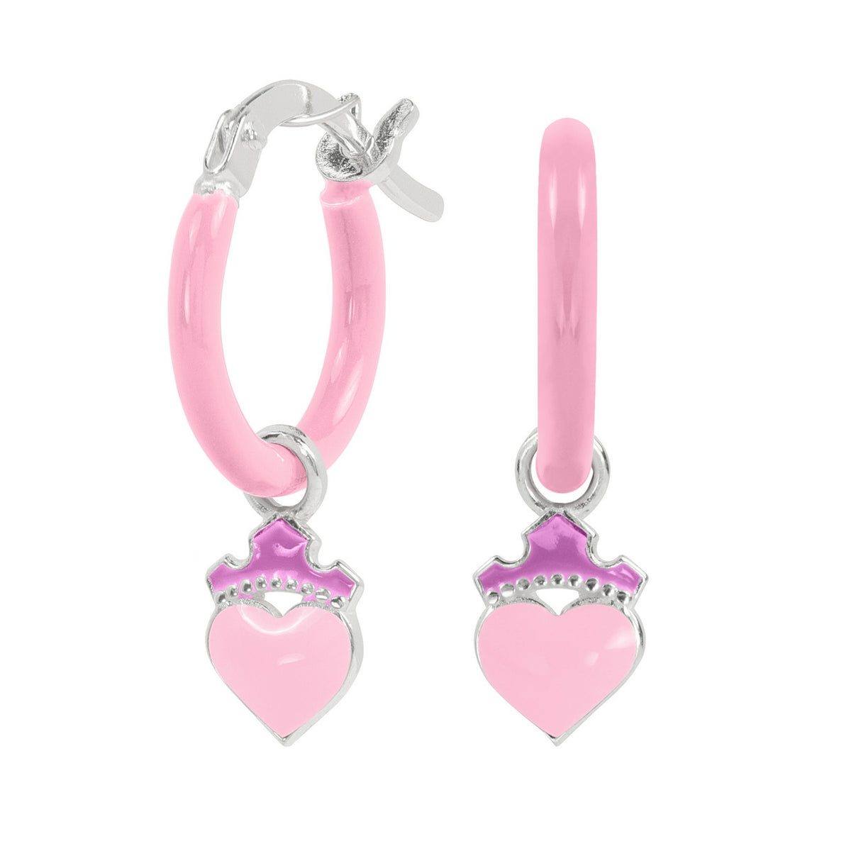 Pink hoop earrings with heart charms on a white background
