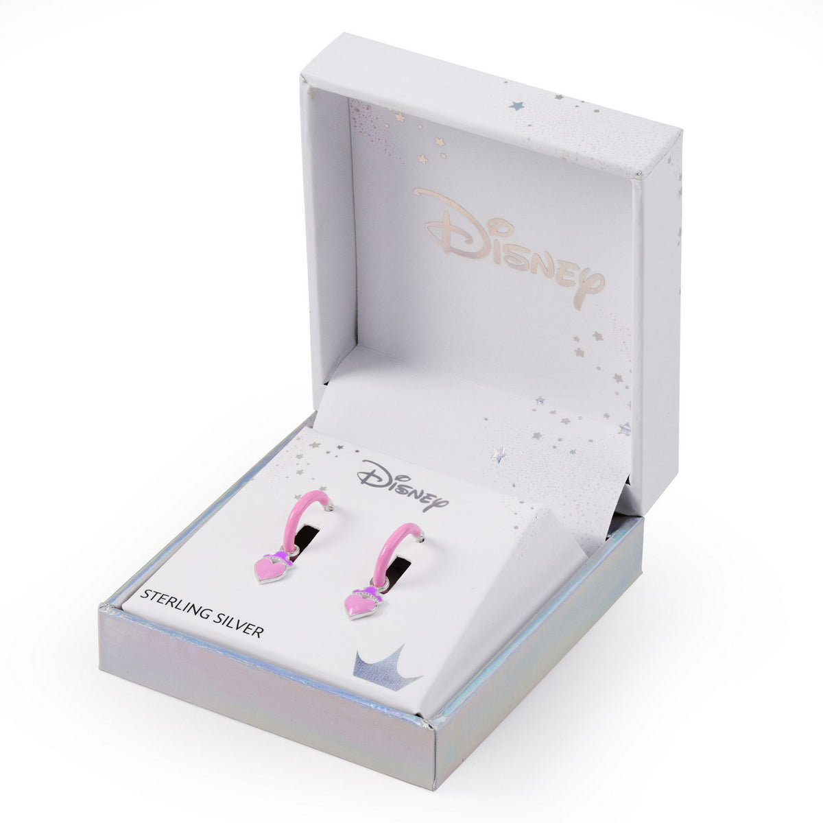 Disney earrings in a white box with 'Sterling Silver' text on a white background