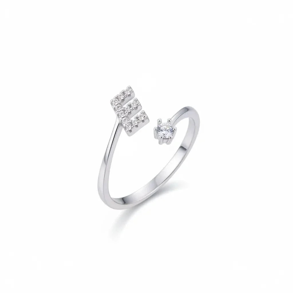 Diamond Initial Letter Silver Ring