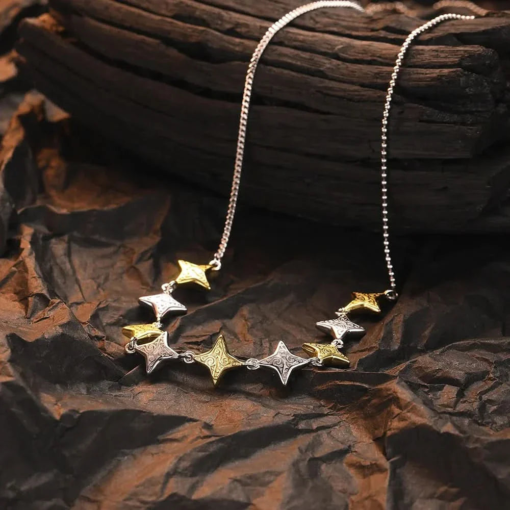 Embossed Silver and Gold Contrast Stars Necklace