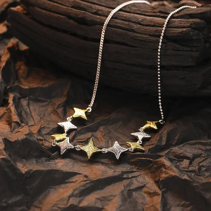 Embossed Silver and Gold Contrast Stars Necklace