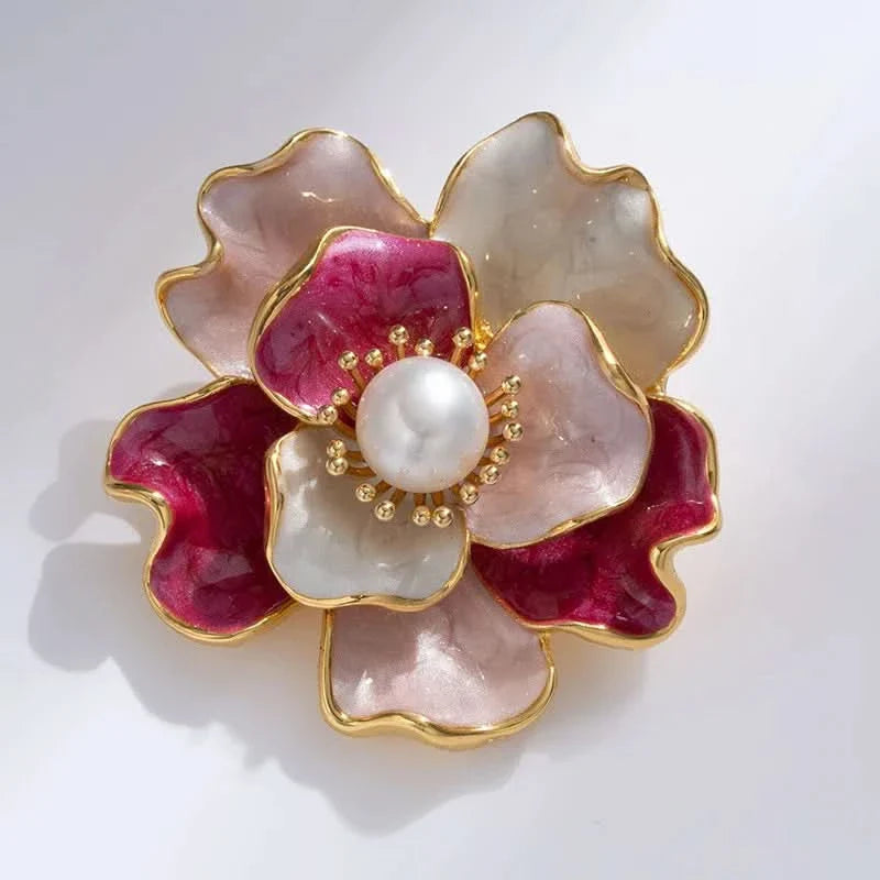 Enamel Peony Freshwater Pearl Brooch
