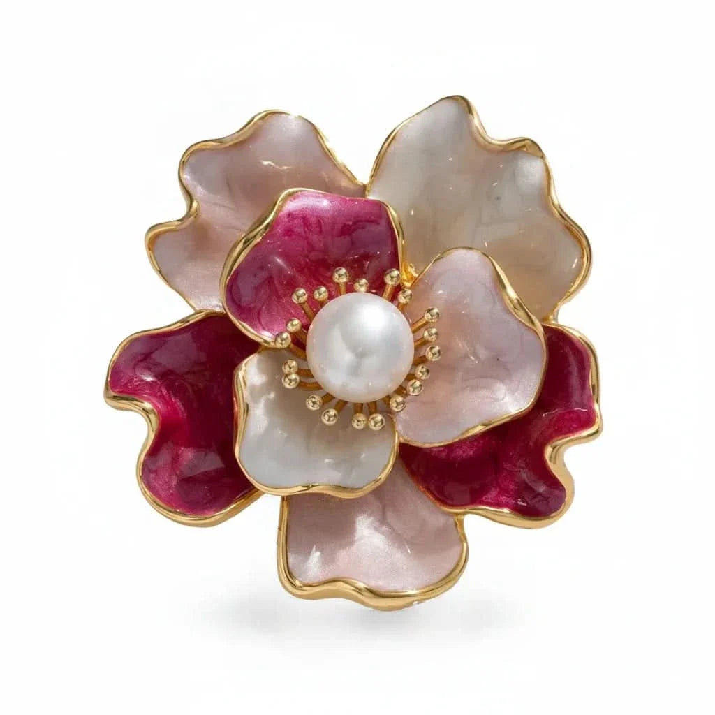 Enamel Peony Freshwater Pearl Brooch