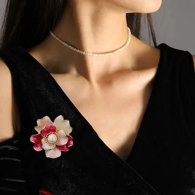 Enamel Peony Freshwater Pearl Brooch