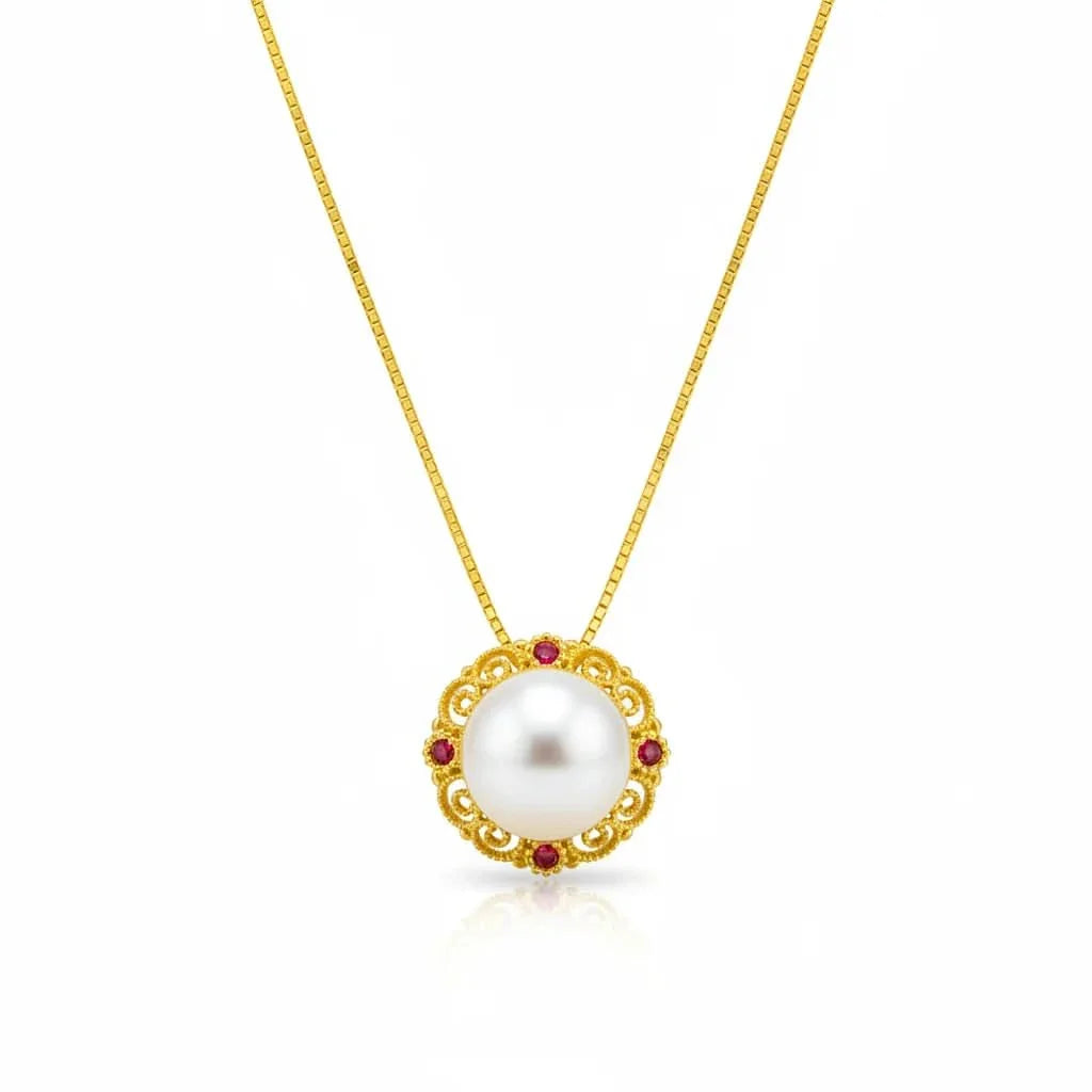 Engraved Pearl Pendant Necklace with Red Diamond
