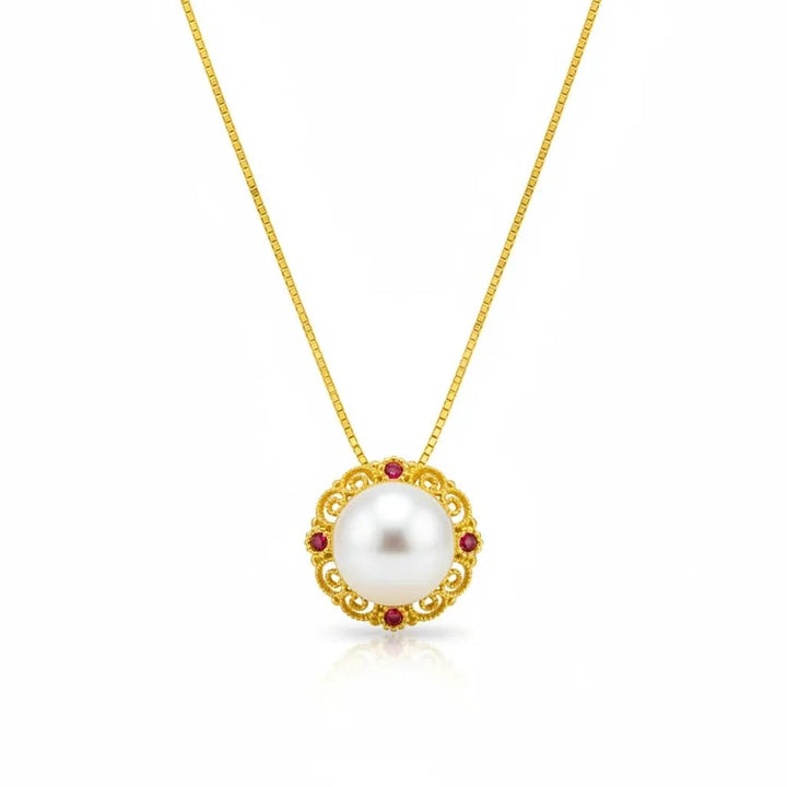 Engraved Pearl Pendant Necklace with Red Diamond