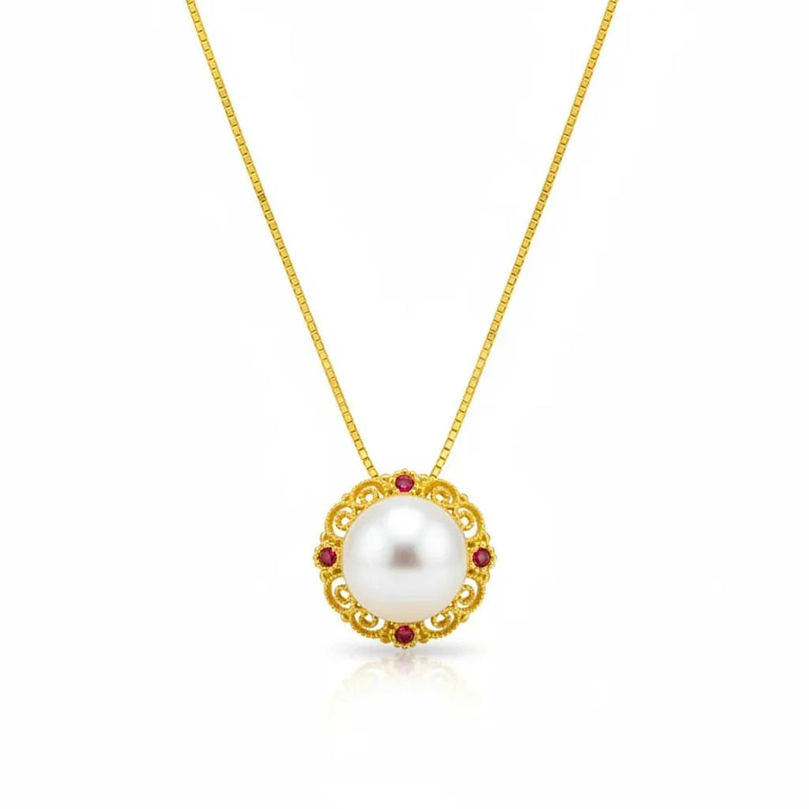 Engraved Pearl Pendant Necklace with Red Diamond