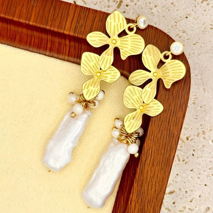 Flower Stud Baroque Gold Pearl Drop Earrings