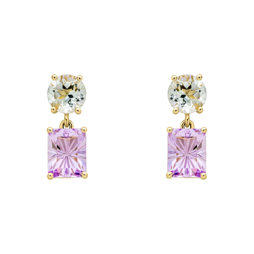 9ct Yellow Gold Green Quartz and Rose De France Amethyst Earrings GE2518G