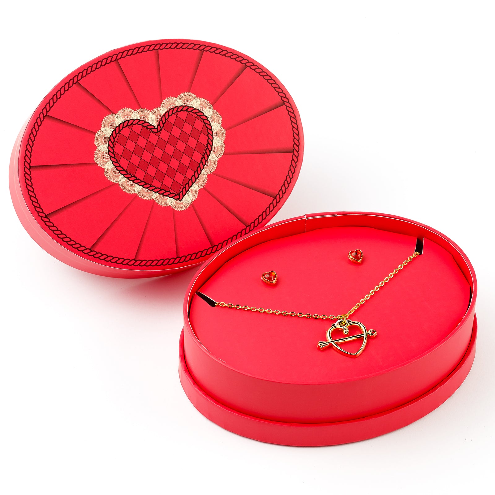 Red jewelry box with heart design containing gold necklace and earrings on a white background