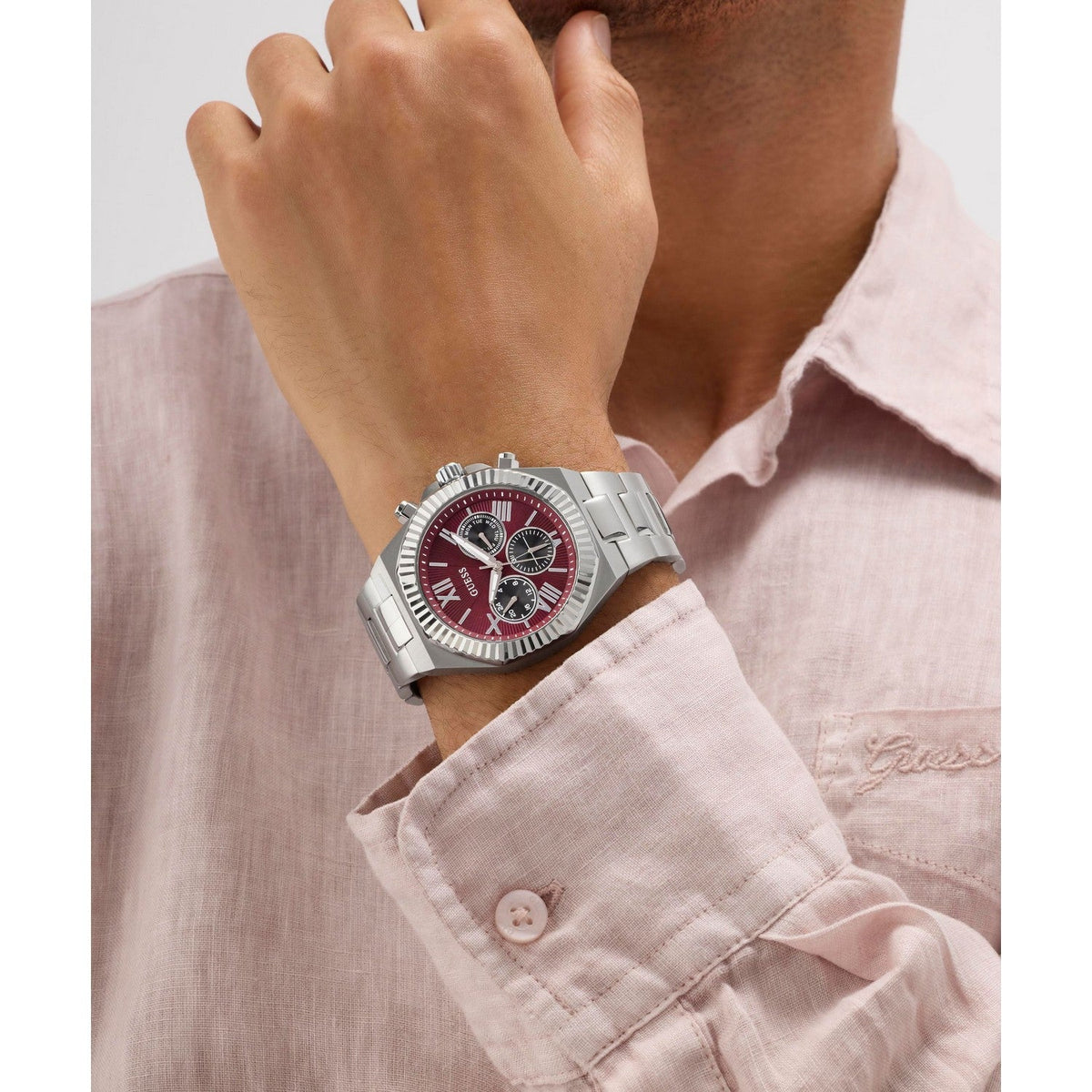 Guess Men’s Equity Red Dial Bracelet Watch GW0703G7