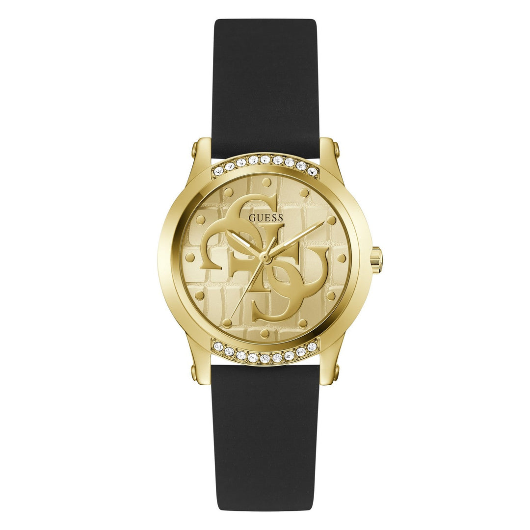 Guess Womens Annette Champagne Sunray Dial Black Silicone Strap Watch GW0860L1