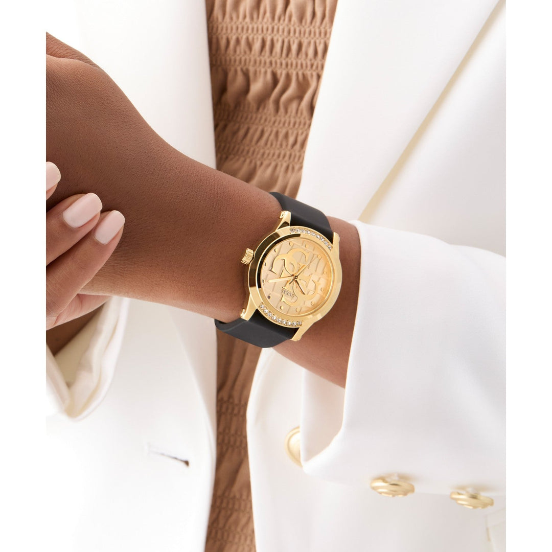 Guess Womens Annette Champagne Sunray Dial Black Silicone Strap Watch GW0860L1