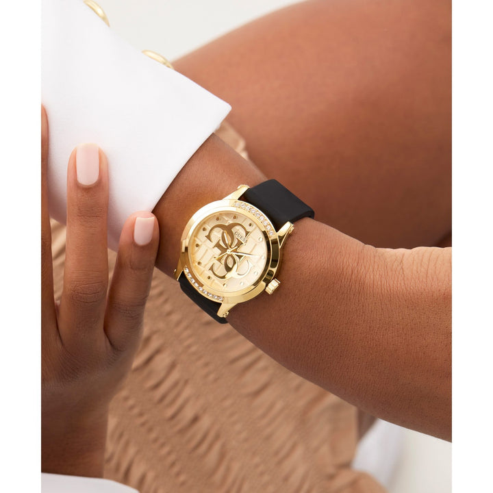 Guess Womens Annette Champagne Sunray Dial Black Silicone Strap Watch GW0860L1
