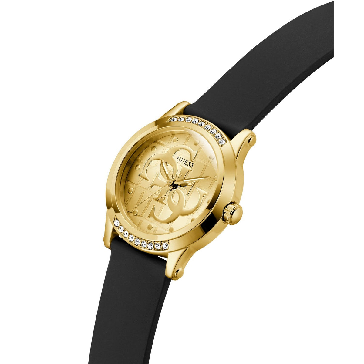 Guess Womens Annette Champagne Sunray Dial Black Silicone Strap Watch GW0860L1