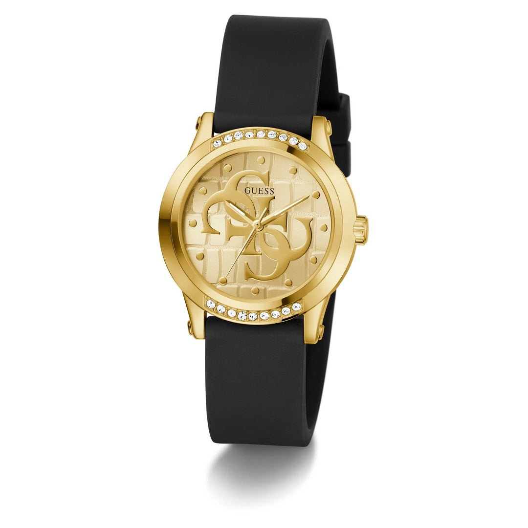 Guess Womens Annette Champagne Sunray Dial Black Silicone Strap Watch GW0860L1