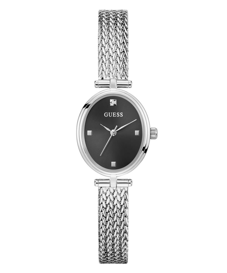 Guess Ruby Women’s Oval Silver Tone Mesh Black Dial Diamond Watch GW0935L1