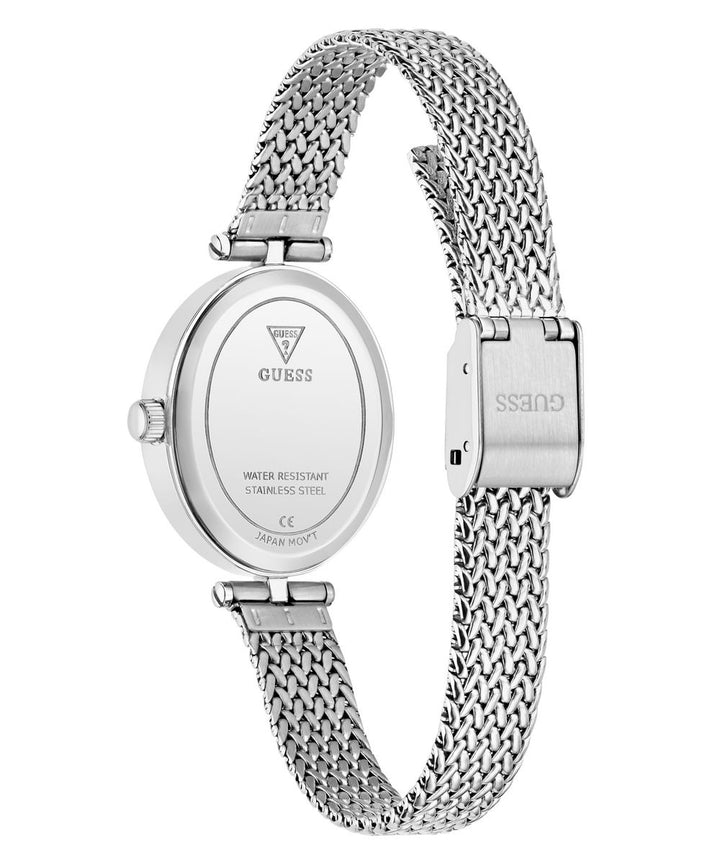 Guess Ruby Women’s Oval Silver Tone Mesh Black Dial Diamond Watch GW0935L1