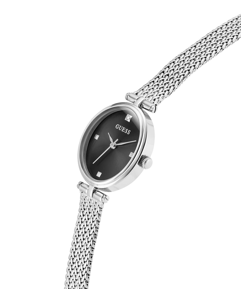 Guess Ruby Women’s Oval Silver Tone Mesh Black Dial Diamond Watch GW0935L1