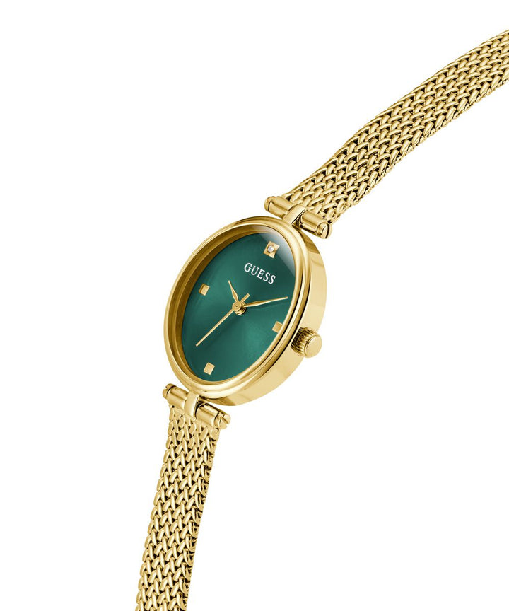 Guess Ruby Women’s Oval Gold Tone Mesh Green Dial Diamond Watch GW0935L2