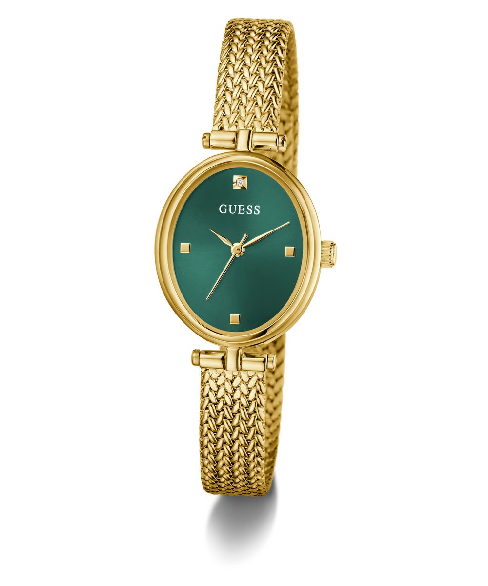 Guess Ruby Women’s Oval Gold Tone Mesh Green Dial Diamond Watch GW0935L2