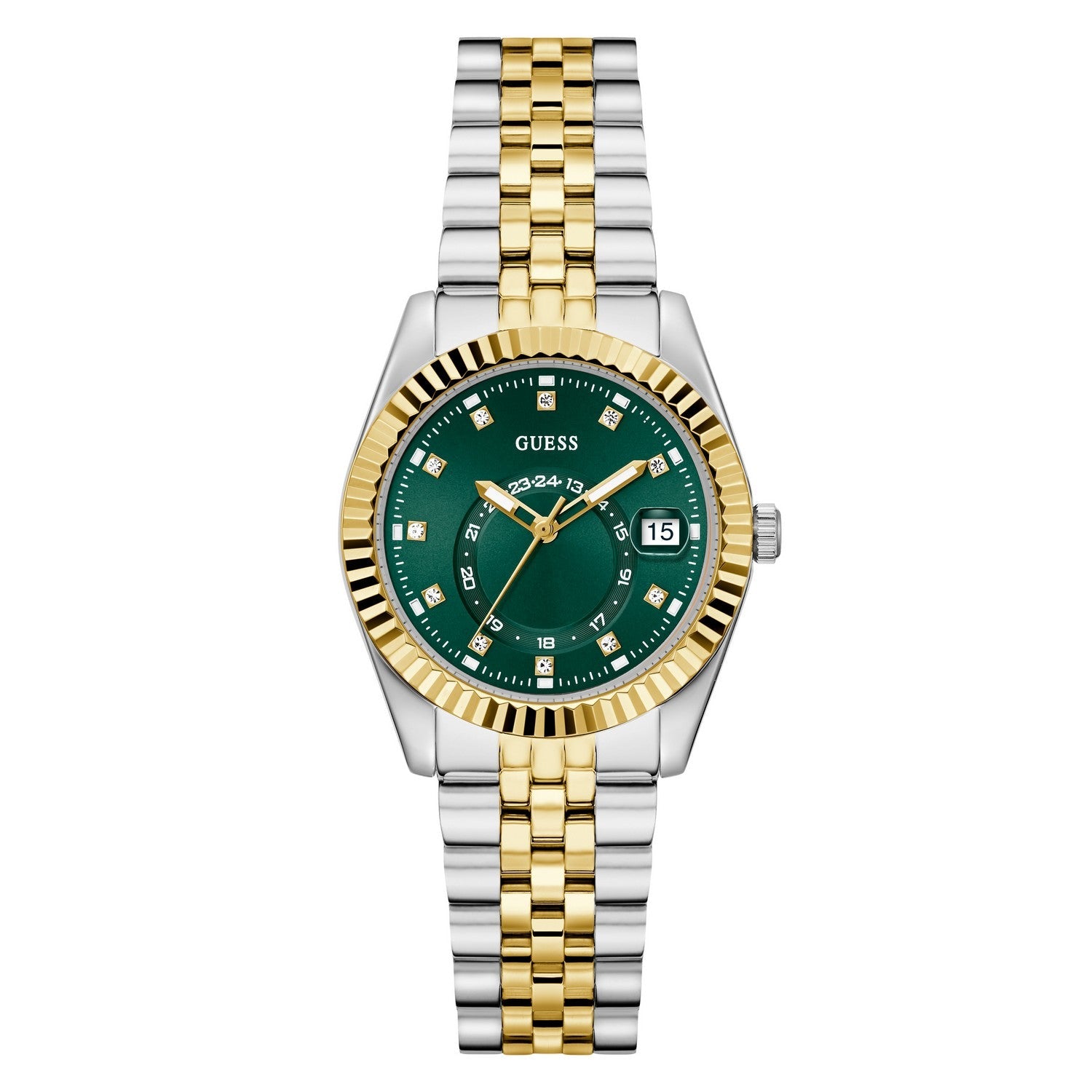 Guess Womens Jada Green Sunray Dial Two-Tone Silver And Gold Stainless Steel Bracelet Watch GW0936L3