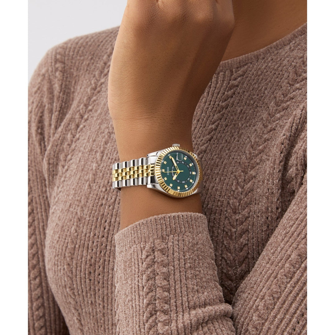 Guess Womens Jada Green Sunray Dial Two-Tone Silver And Gold Stainless Steel Bracelet Watch GW0936L3