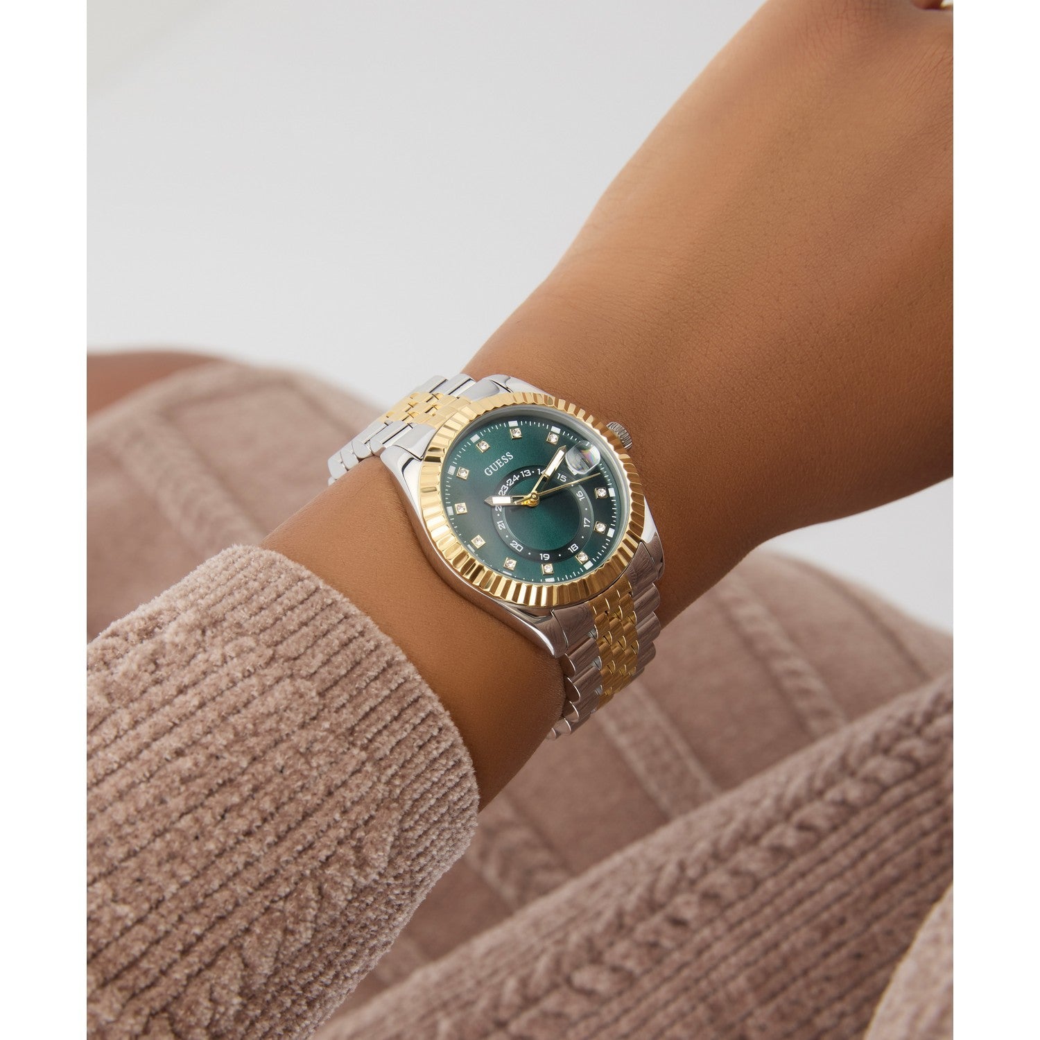Guess Womens Jada Green Sunray Dial Two-Tone Silver And Gold Stainless Steel Bracelet Watch GW0936L3