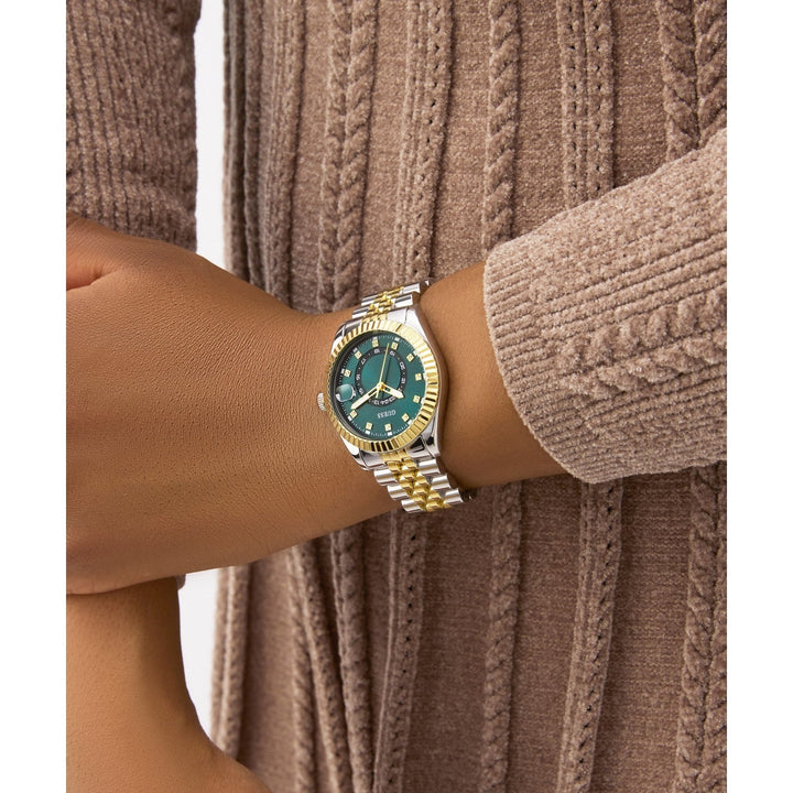 Guess Womens Jada Green Sunray Dial Two-Tone Silver And Gold Stainless Steel Bracelet Watch GW0936L3