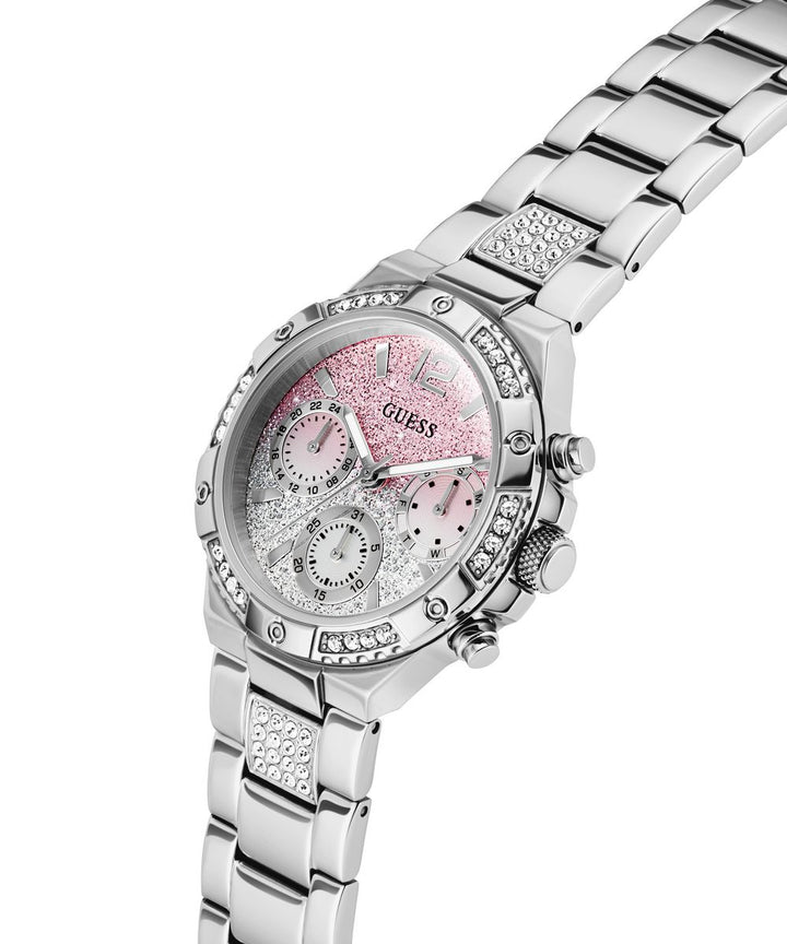 Guess Harlow Women’s 38mm Silver Tone Ombre Pink Glitter Multifunction Watch GW0950L1