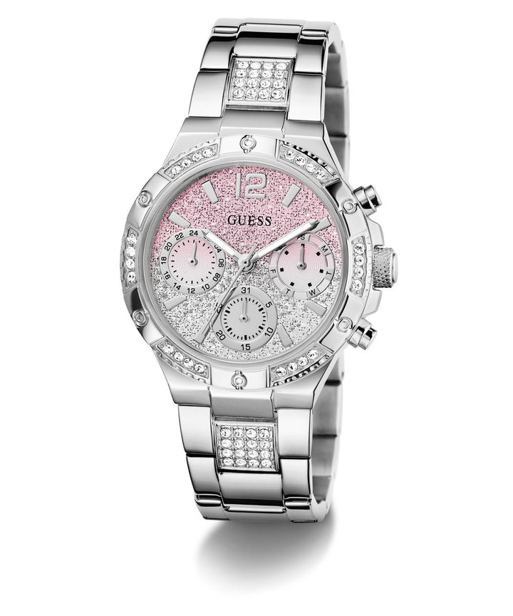 Guess Harlow Women’s 38mm Silver Tone Ombre Pink Glitter Multifunction Watch GW0950L1