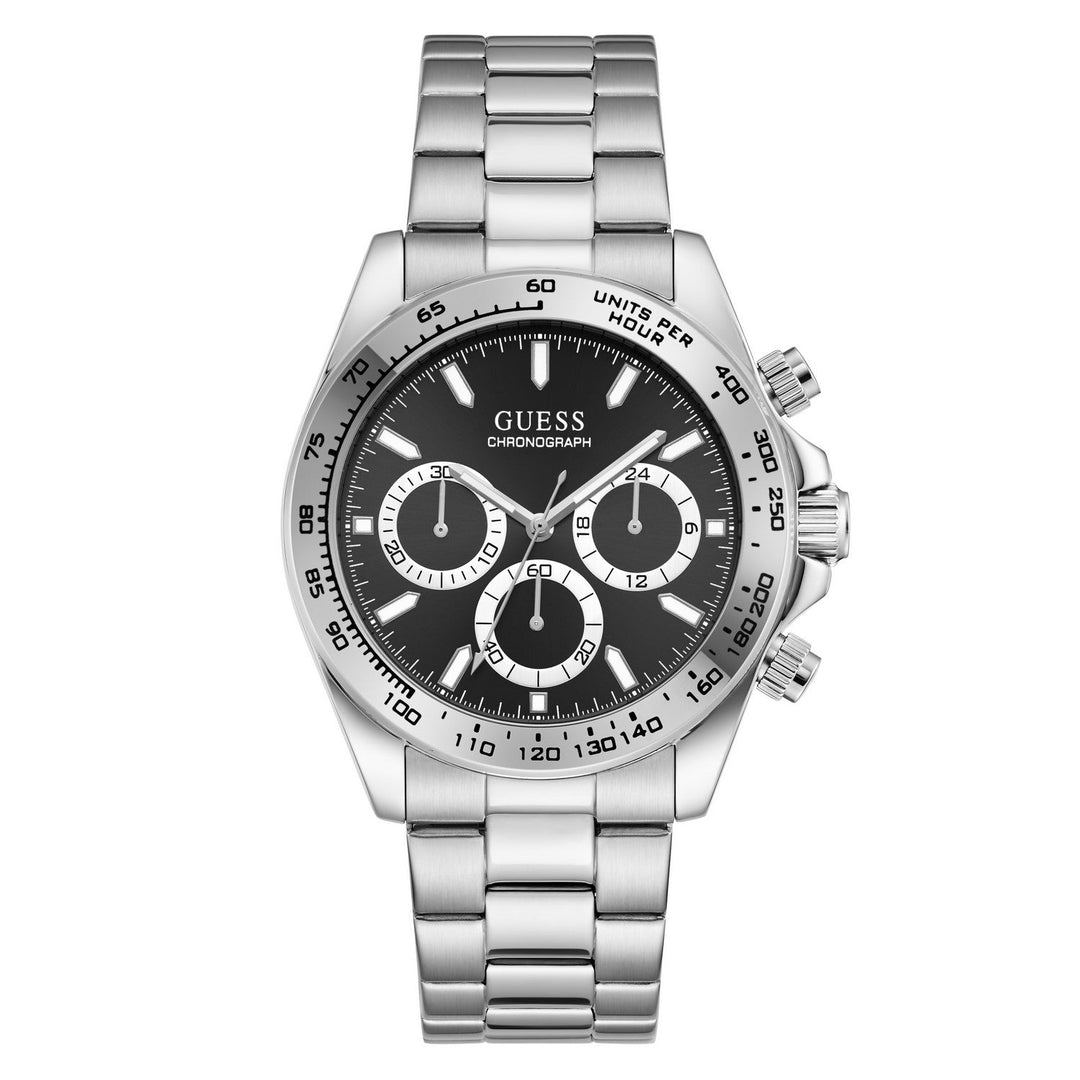 Guess Mens Arthur Black Sunray Dial Silver-Tone Stainless Steel Bracelet Watch GW1058G8