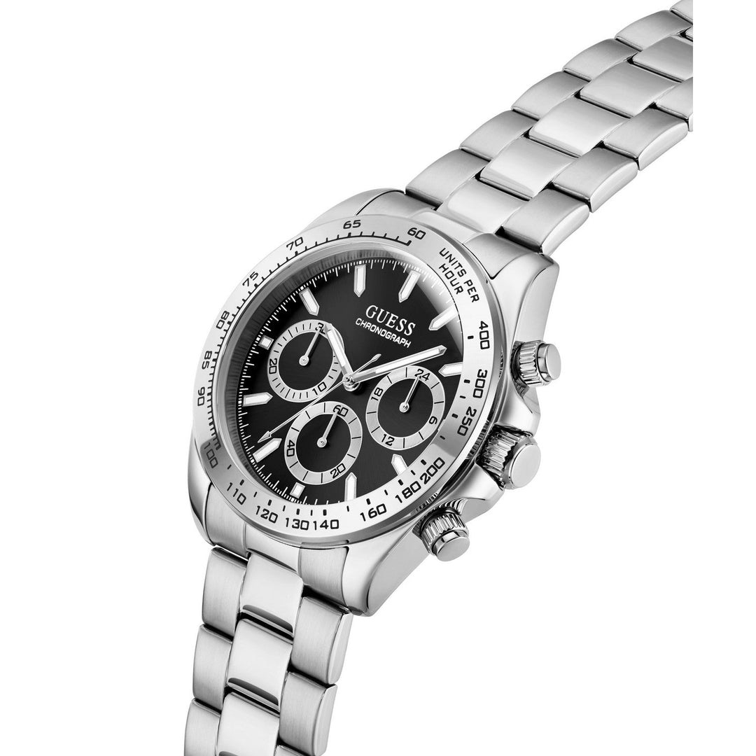 Guess Mens Arthur Black Sunray Dial Silver-Tone Stainless Steel Bracelet Watch GW1058G8