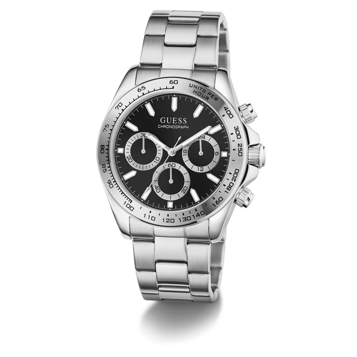 Guess Mens Arthur Black Sunray Dial Silver-Tone Stainless Steel Bracelet Watch GW1058G8