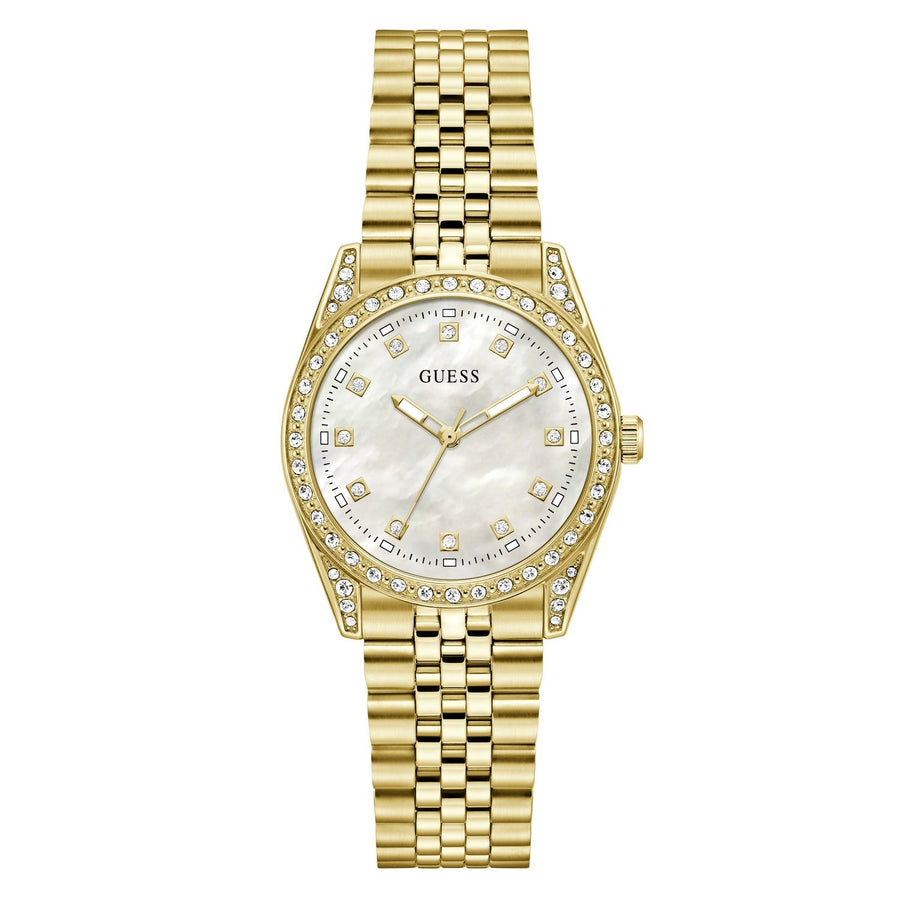Guess Womens Jada White Mother of Pearl Dial Gold-Tone Stainless Steel Bracelet Watch GW1099L2