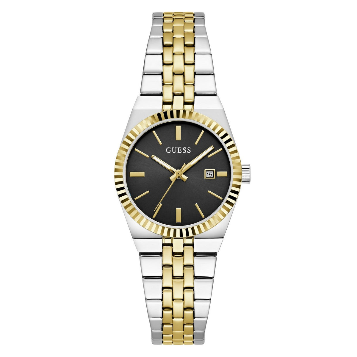 Guess Womens Vera Black Sunray Dial Two-Tone Stainless Steel Bracelet Watch GW1101L3