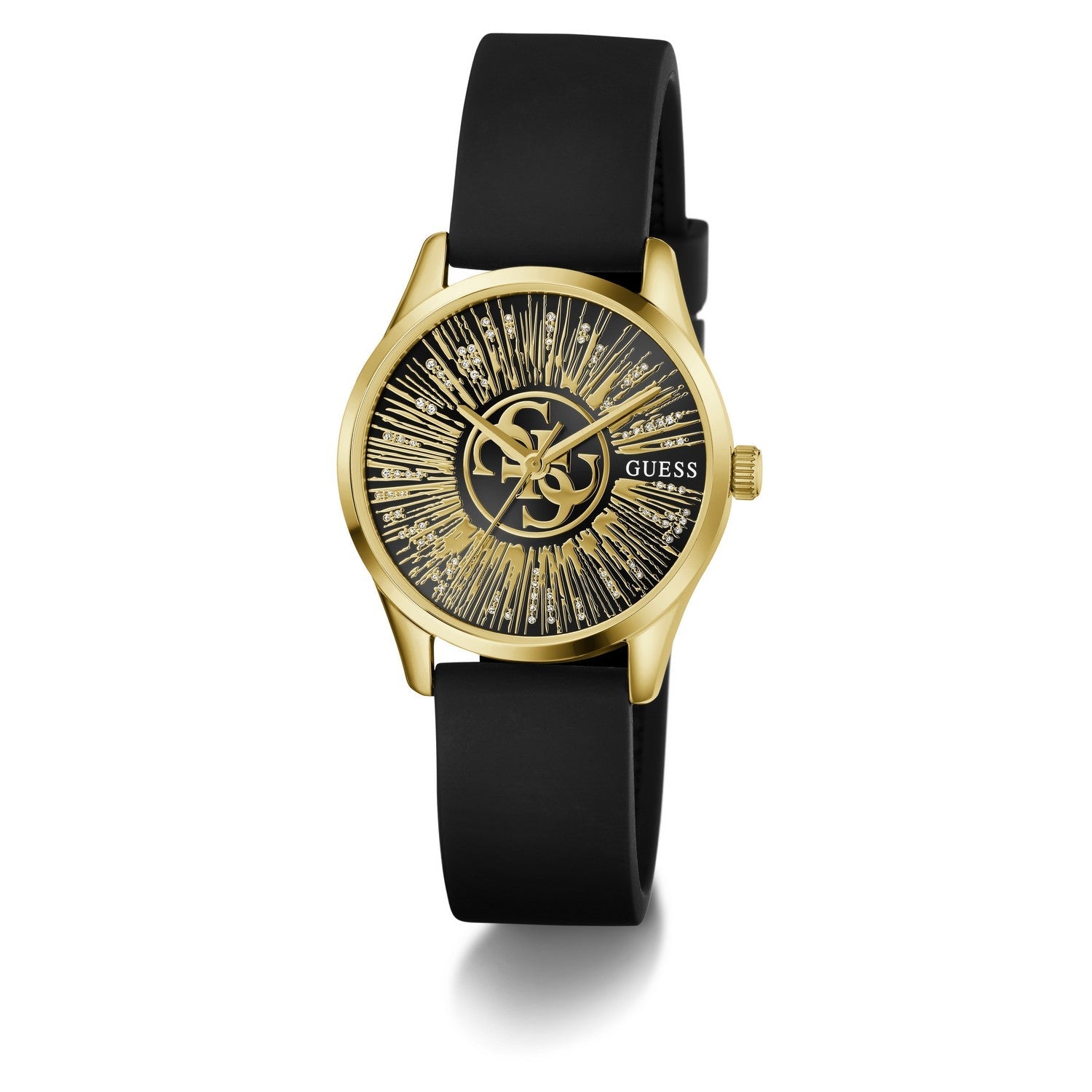 Guess Womens Celestial G Black Sunray Dial Black Silicone Strap Watch GW1109L2