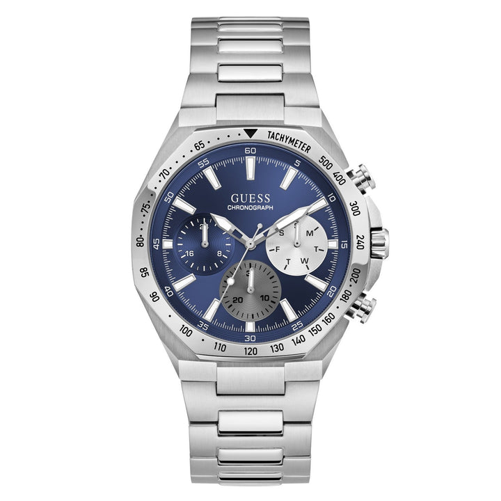 Guess Mens Blake Blue Sunray Dial Silver-Tone Stainless Steel Bracelet Watch GW1122G1