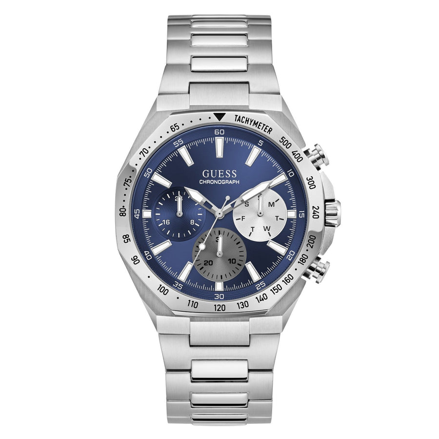 Guess Mens Blake Blue Sunray Dial Silver-Tone Stainless Steel Bracelet Watch GW1122G1