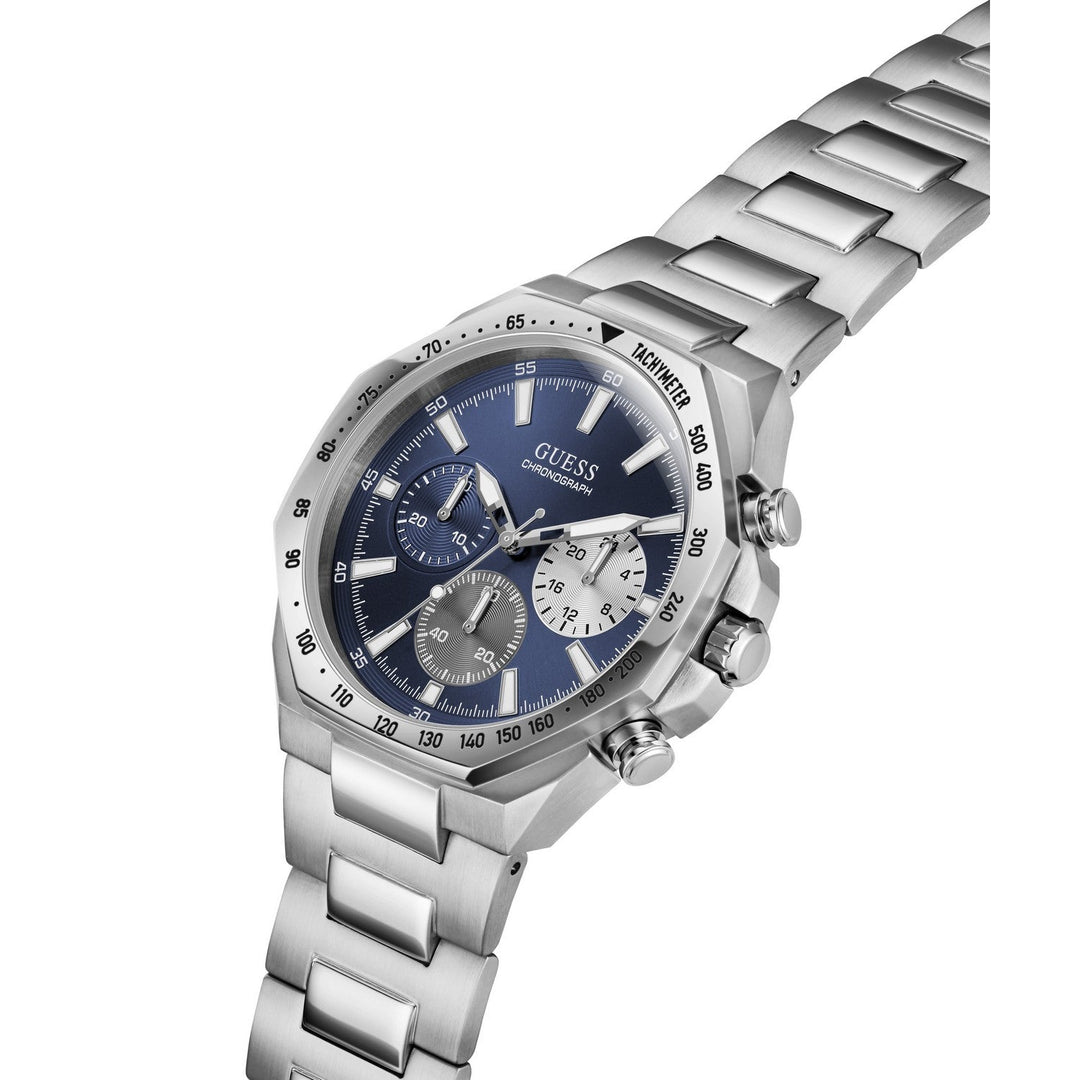 Guess Mens Blake Blue Sunray Dial Silver-Tone Stainless Steel Bracelet Watch GW1122G1