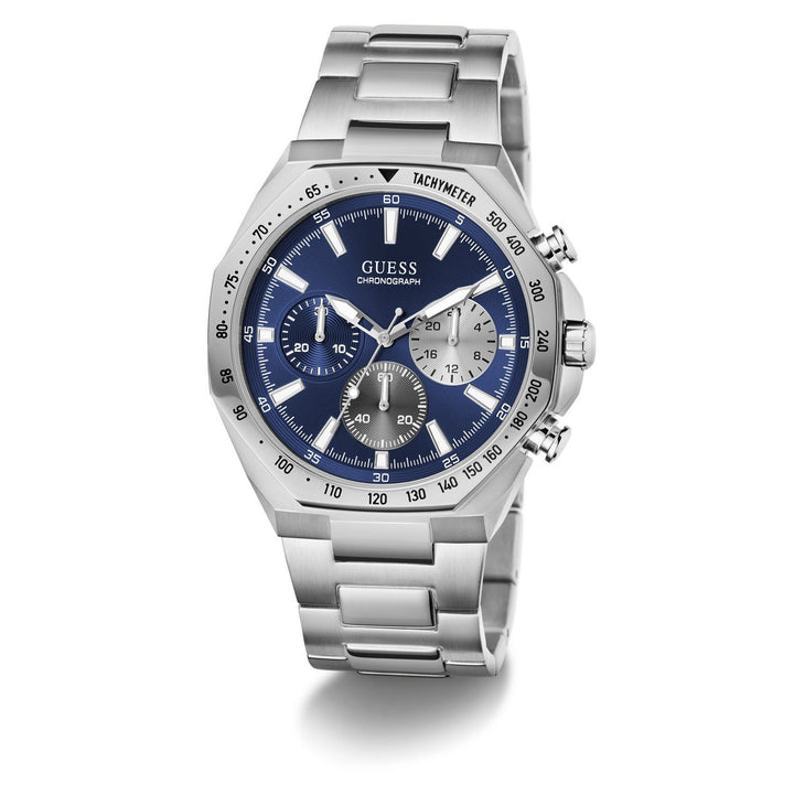 Guess Mens Blake Blue Sunray Dial Silver-Tone Stainless Steel Bracelet Watch GW1122G1