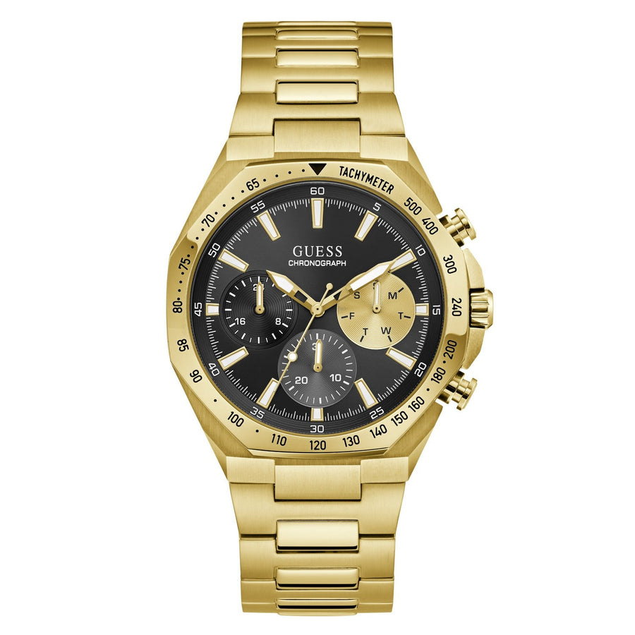 Guess Mens Blake Black Sunray Dial Gold-Tone Stainless Steel Bracelet Watch GW1122G2