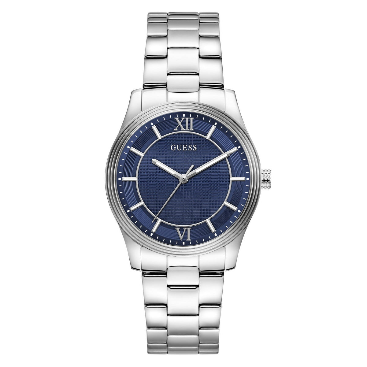 Guess Mens Quentin Blue Sunray Dial Silver-Tone Stainless Steel Bracelet Watch GW1127G1
