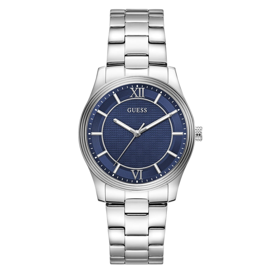 Guess Mens Quentin Blue Sunray Dial Silver-Tone Stainless Steel Bracelet Watch GW1127G1