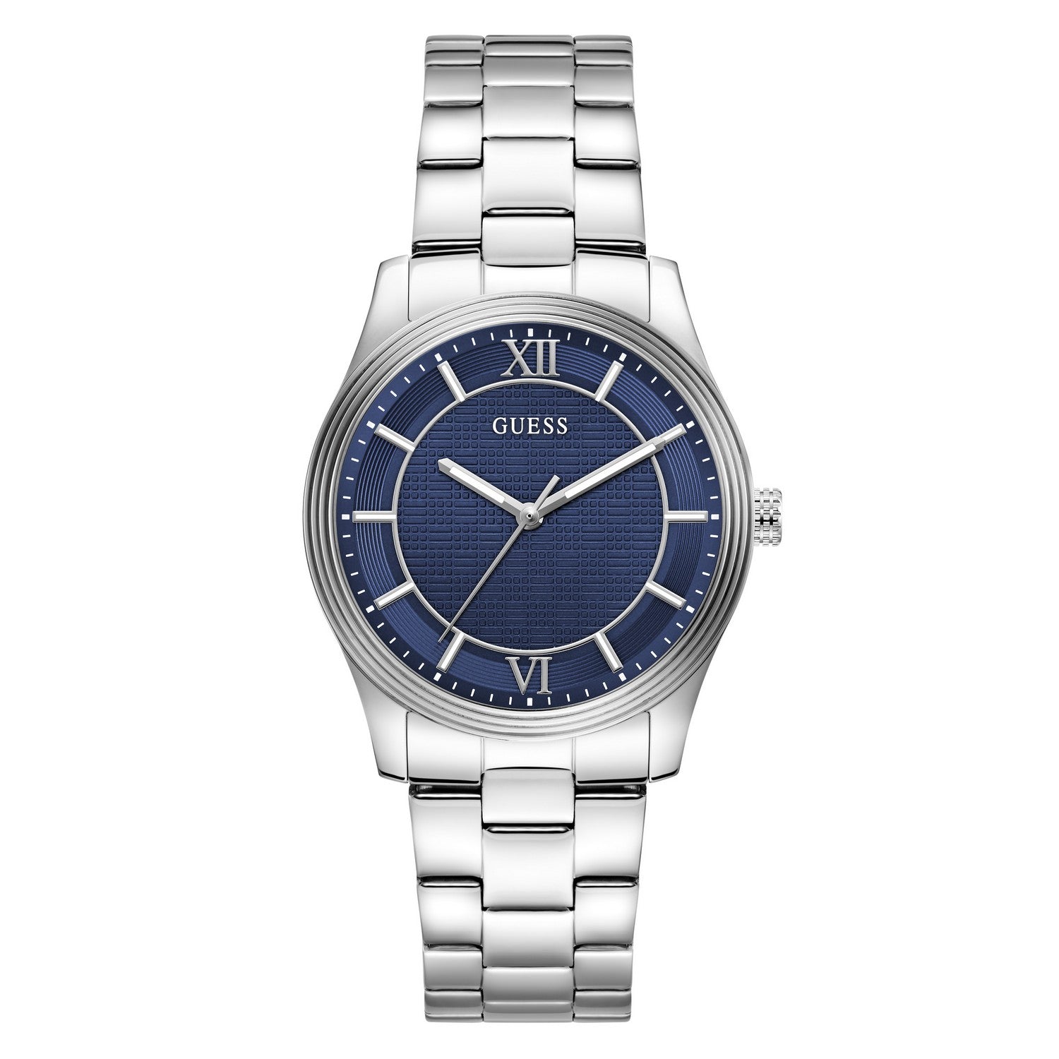 Guess Mens Quentin Blue Sunray Dial Silver-Tone Stainless Steel Bracelet Watch GW1127G1