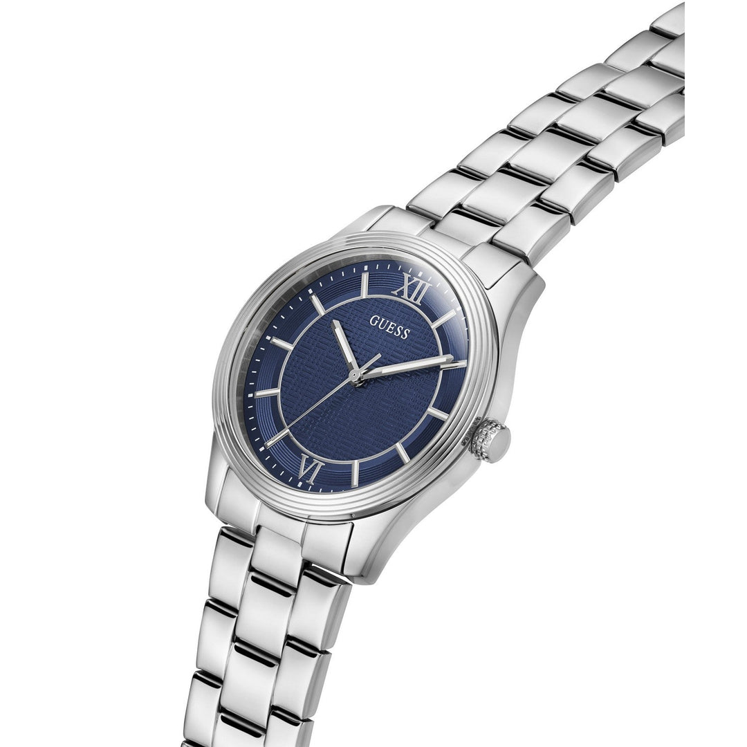 Guess Mens Quentin Blue Sunray Dial Silver-Tone Stainless Steel Bracelet Watch GW1127G1